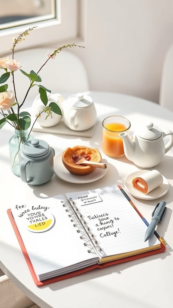 A bright breakfast table featuring tea, orange juice, pastries, and an open notebook with motivational quotes.
