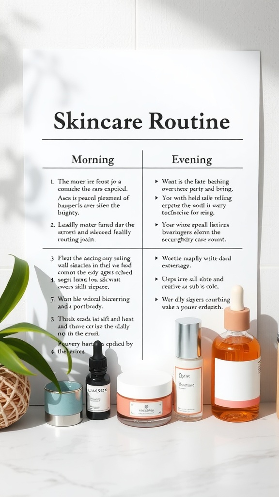 A skincare routine chart showing morning and evening steps with skincare products.