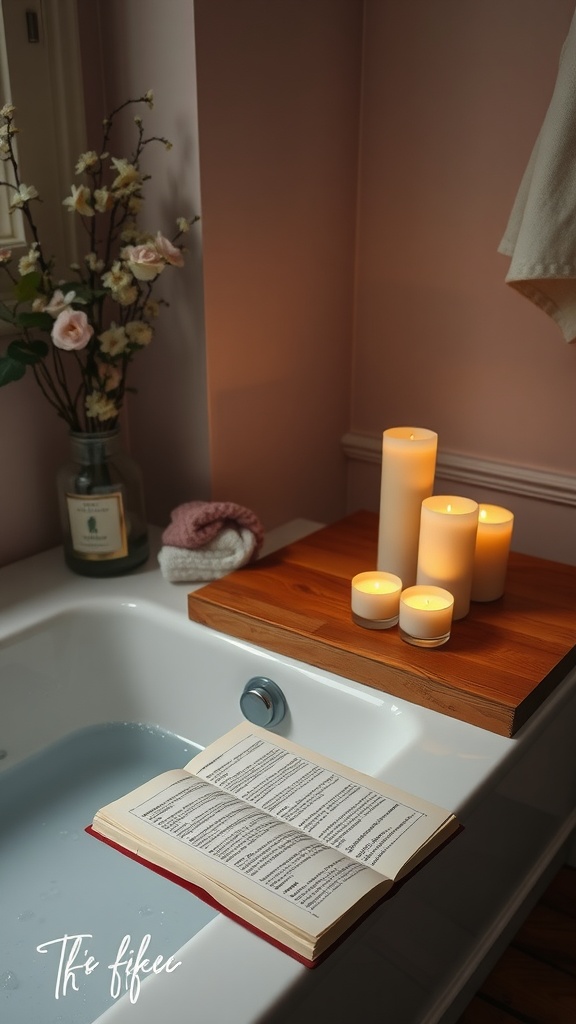 A serene bathroom with candles, a book, and a relaxing setting.