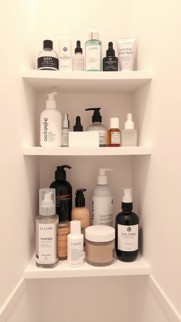 A shelf lined with various skincare products including cleansers, serums, and moisturizers.