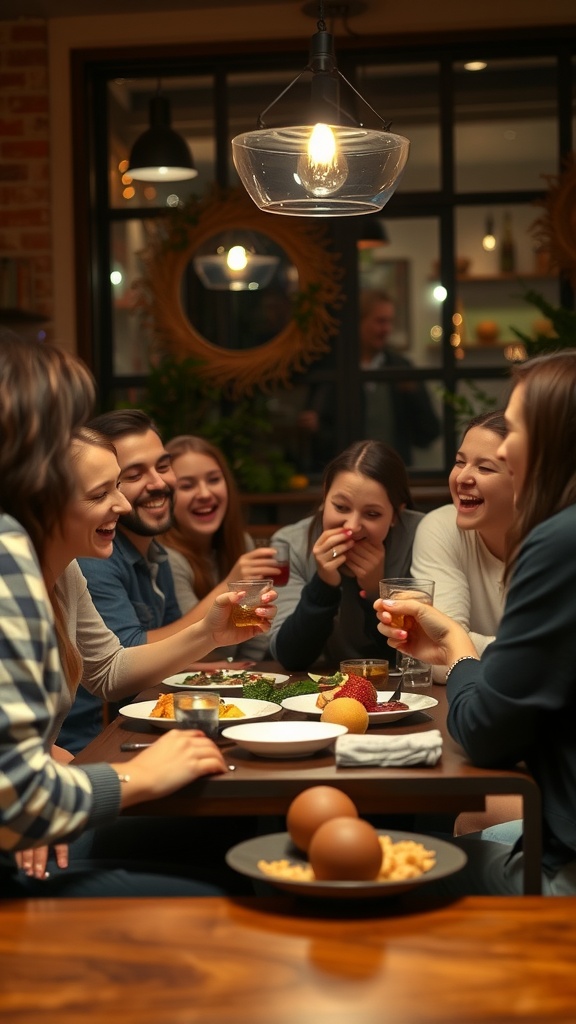 A group of friends laughing and enjoying a meal together at a dining table.