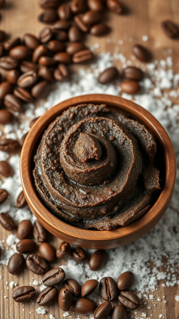 A bowl of coffee and sugar scrub with coffee beans and salt on a wooden surface.