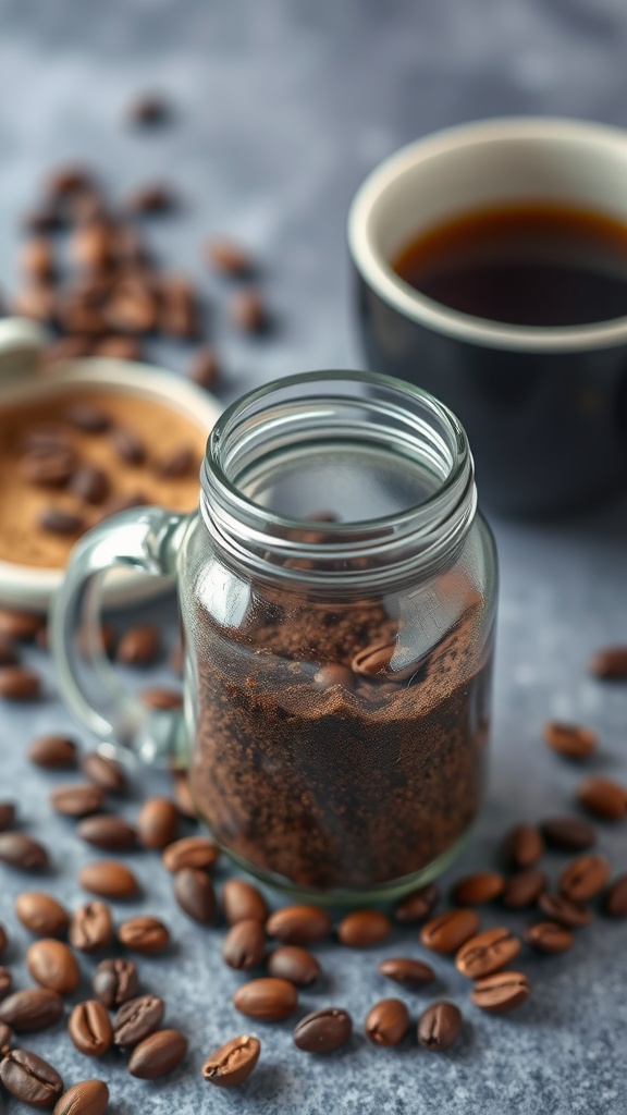 A cozy setup featuring a jar of coffee grounds, whole coffee beans, and a cup of coffee, representing a DIY coffee grounds body scrub.