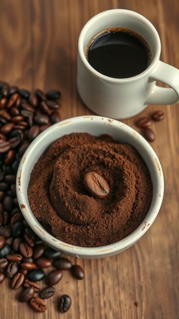A bowl of coffee grounds beside a cup of brewed coffee and scattered coffee beans on a wooden surface.