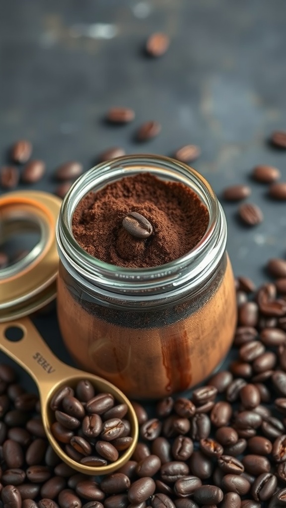 A jar of coffee grounds with a coffee bean on top, surrounded by whole coffee beans