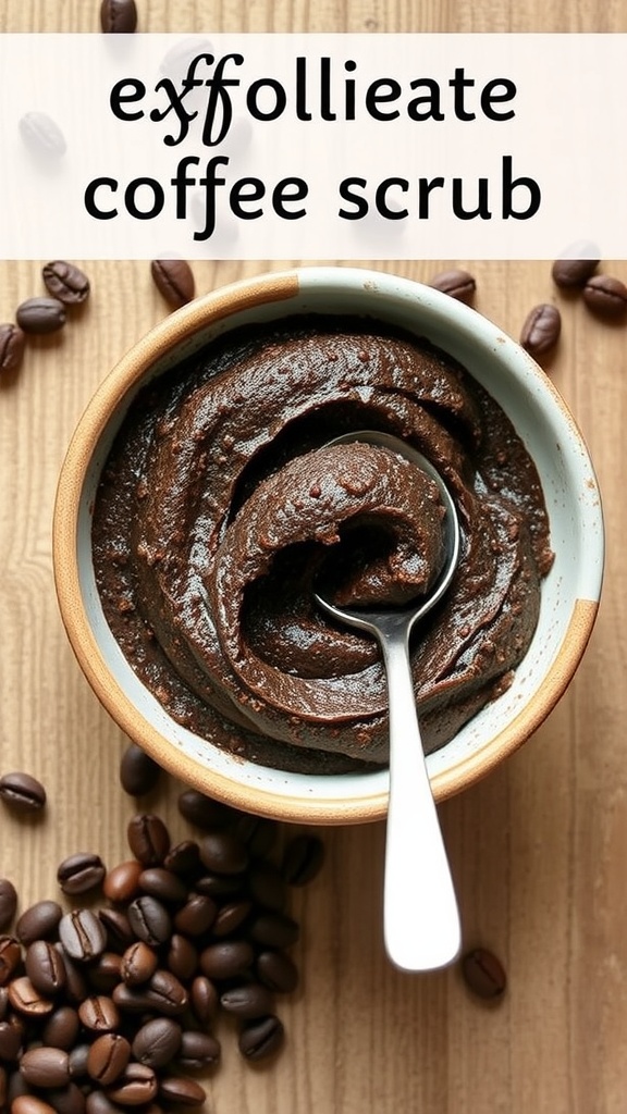 Bowl of exfoliating coffee scrub with coffee beans