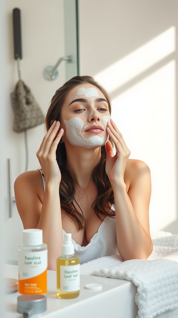 A woman applying a facial mask with skincare products on a countertop.