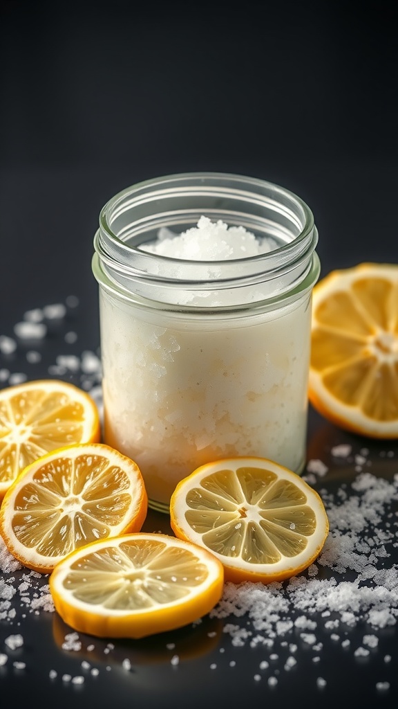 A jar of sugar and lemon scrub next to lemon slices on a dark surface.