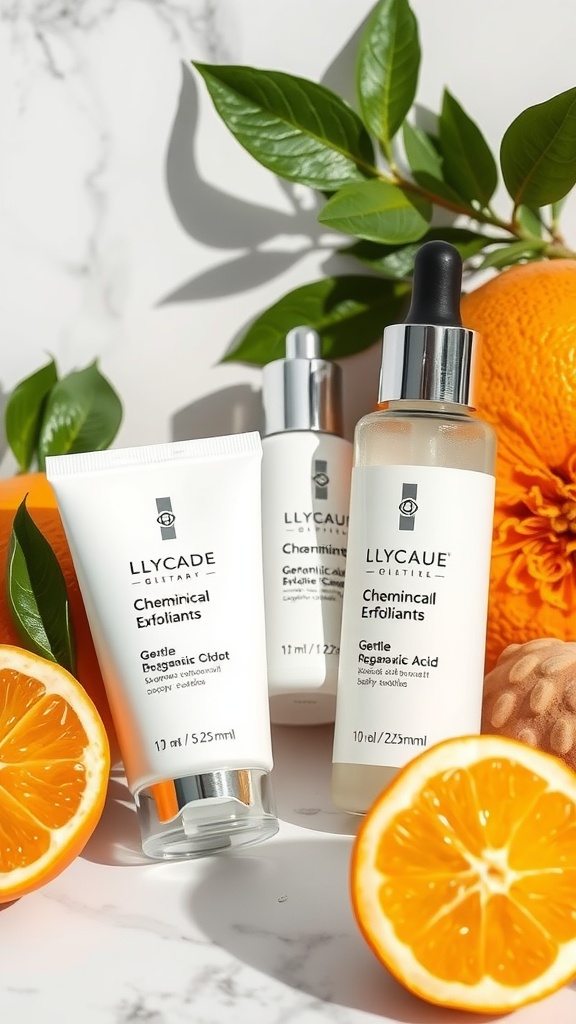 Image of chemical exfoliants surrounded by fresh oranges, representing skincare for oily skin.