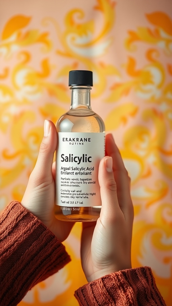 A bottle of salicylic acid held in hands, with a decorative background.