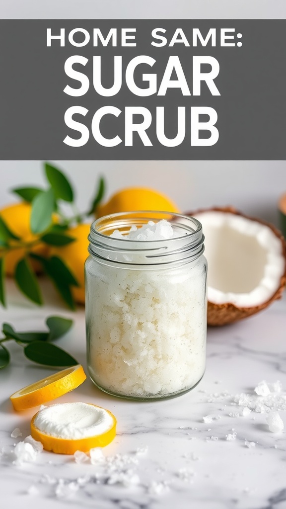 A jar of sugar scrub with lemon slices and coconut pieces