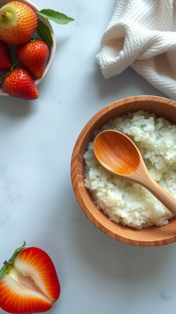 A bowl of exfoliating scrub made from natural ingredients, surrounded by fresh strawberries.