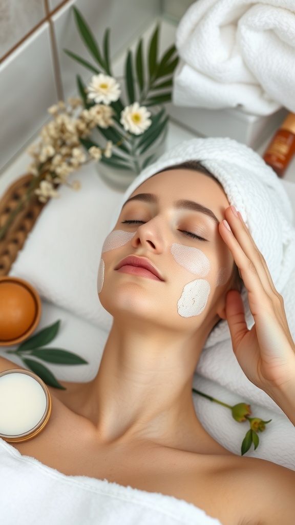 A person relaxing with a face mask applied, surrounded by plants and skincare products.