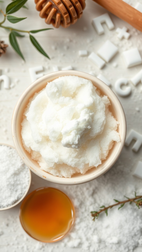 A bowl of fluffy exfoliating scrub with honey and natural ingredients, surrounded by sugar and a sprig of thyme.