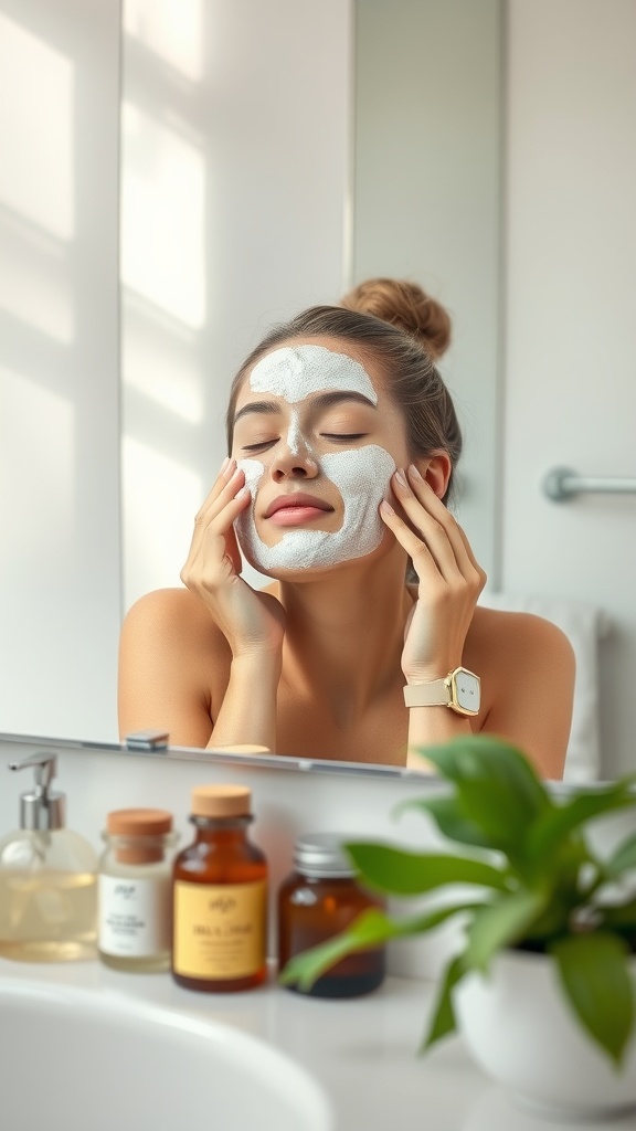 A woman applying a facial mask while looking in the mirror, showcasing a skincare routine with various products in the foreground.