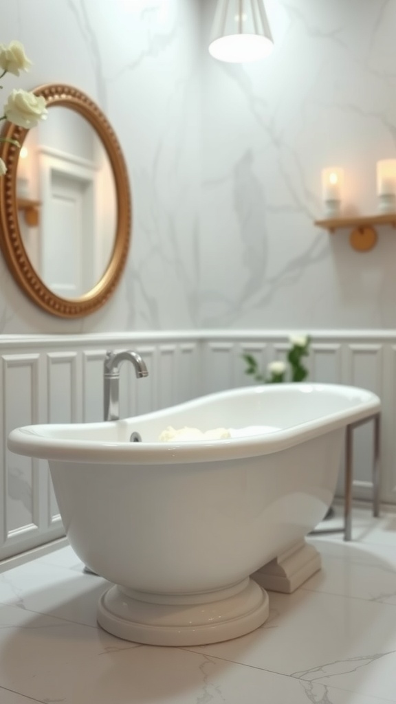 A tranquil bathroom featuring a white bathtub, ornate mirror, and soft lighting.