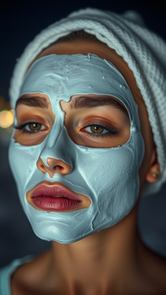 A person with a light blue facial mask on, preparing for nighttime skincare.