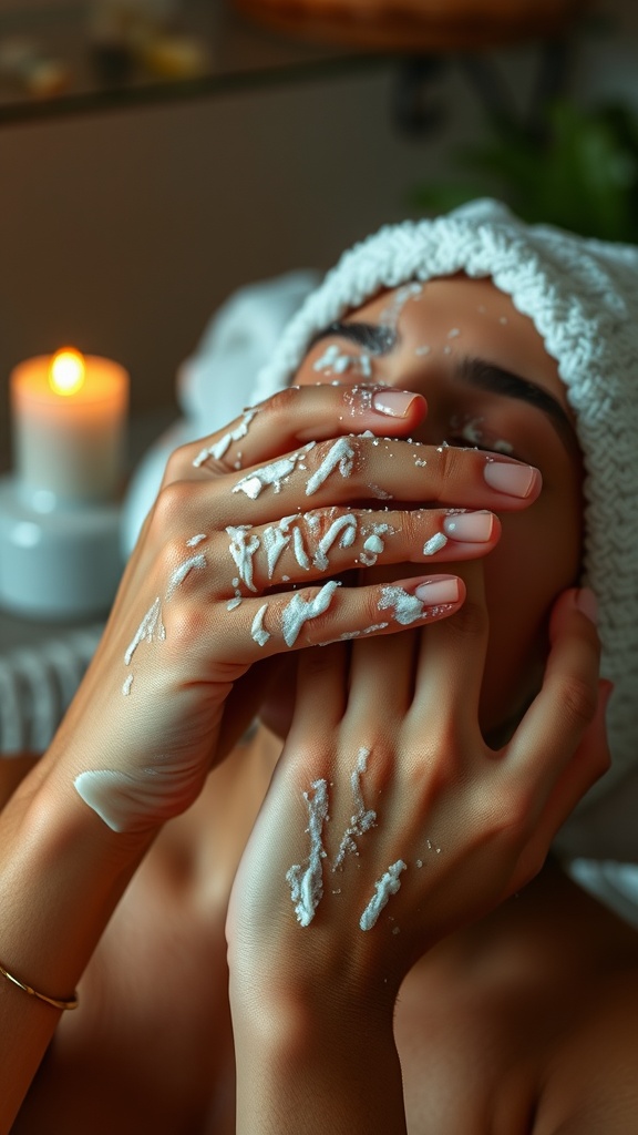 A person applying a skincare product on their hands and face, emphasizing the importance of exfoliation.