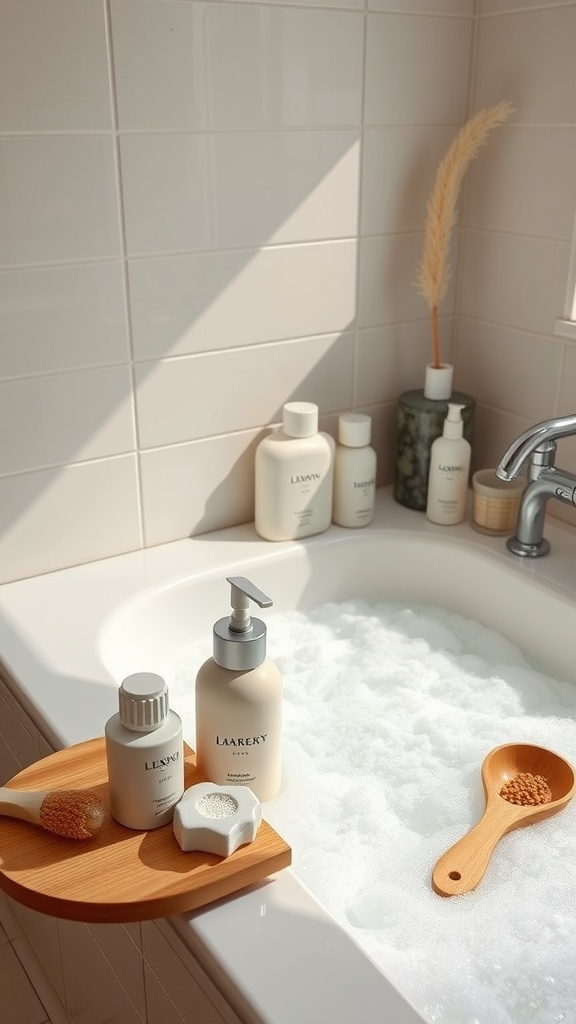 A serene bathroom setting featuring skincare products on a wooden tray beside a bubbly bath.