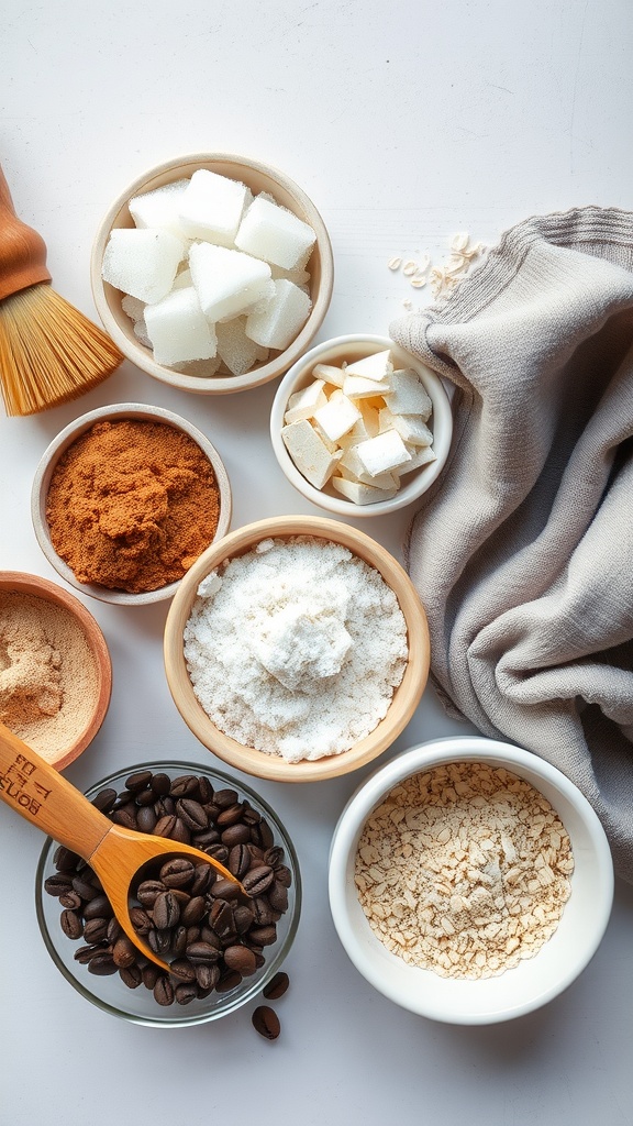 An assortment of exfoliating ingredients including sugar, brown sugar, coffee beans, and oatmeal arranged in bowls.