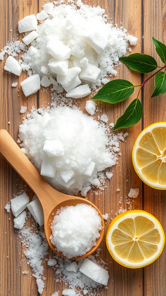 Image of sugar, lemon, and leaves on a wooden surface, showcasing natural exfoliating ingredients.