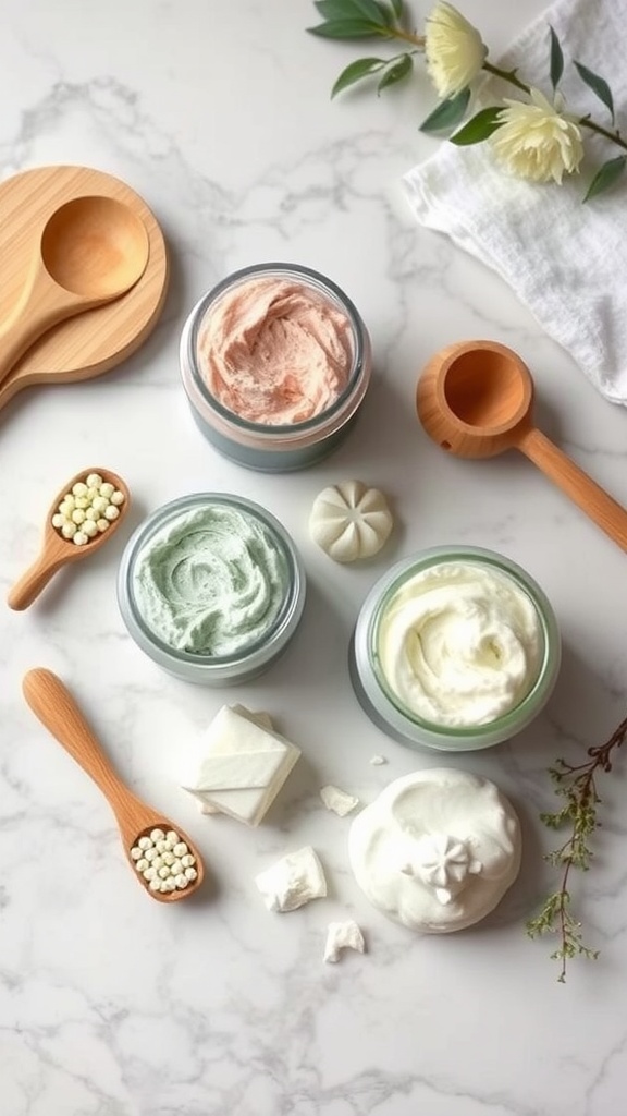 A selection of exfoliating skincare products arranged on a marble surface.