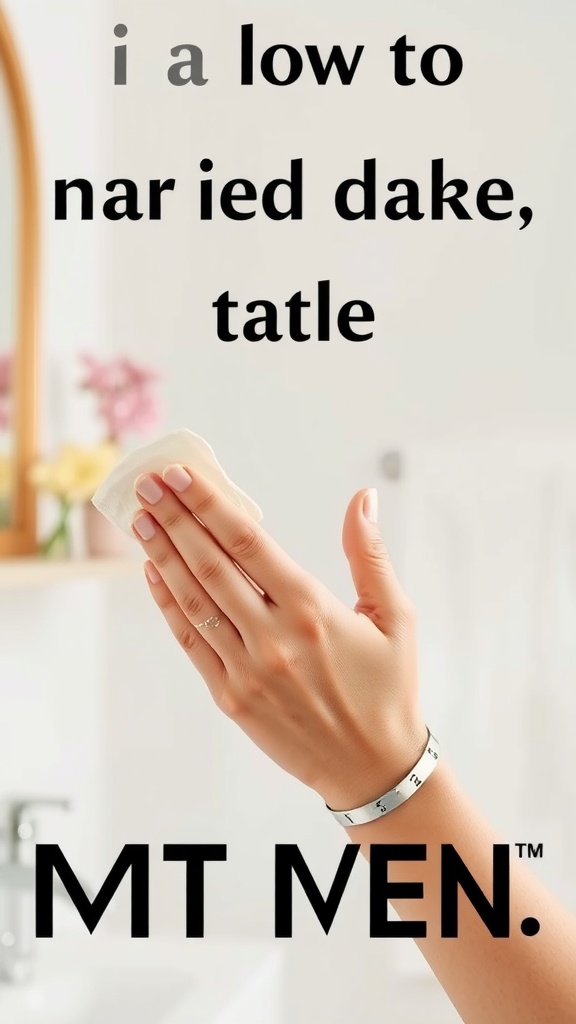 Image of a hand holding a cotton pad in a bathroom setting, symbolizing skincare routine.