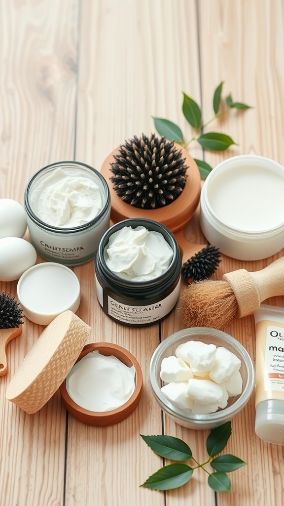 A variety of skincare products including exfoliants, scrubs, and brushes arranged on a wooden surface.