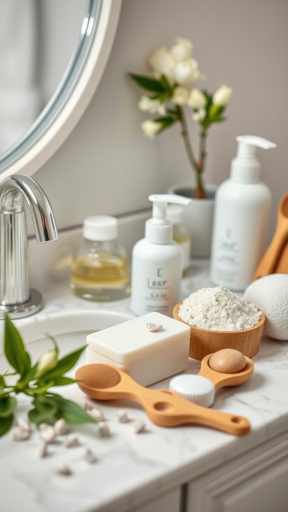 A serene bathroom setup with skincare products, including exfoliating items and a touch of greenery.