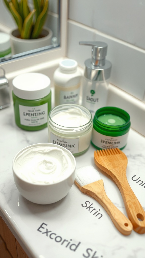 A collection of skincare jars and tools for exfoliation, including a bowl of cream and applicators, displayed on a countertop.