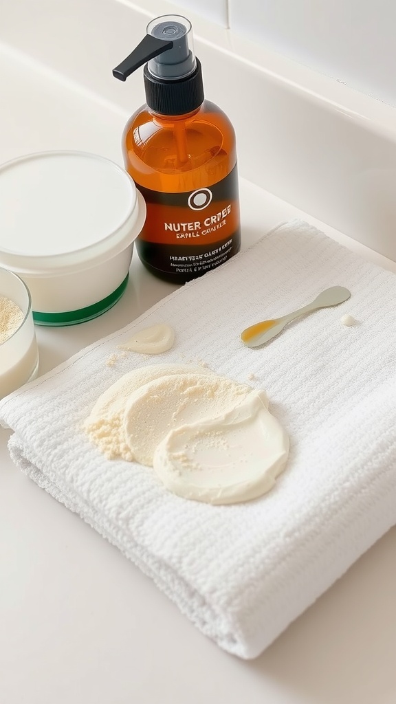 A skincare setup for oily skin, featuring exfoliation products on a clean towel.