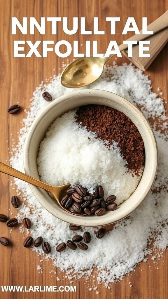A bowl of a natural exfoliant made with salt, coffee grounds, and sugar on a wooden surface.