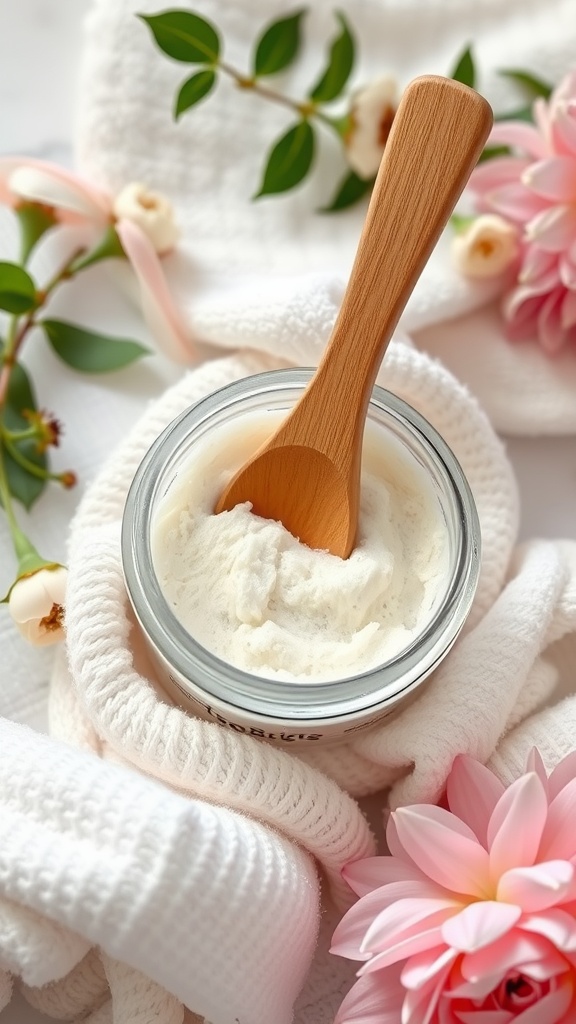 A jar of creamy exfoliating scrub with a wooden spoon, surrounded by soft towels and flowers.