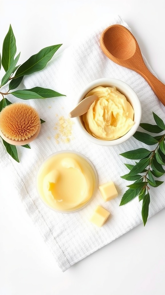 Skincare products for exfoliation, including a creamy scrub, a brush, and natural leaves on a white towel.