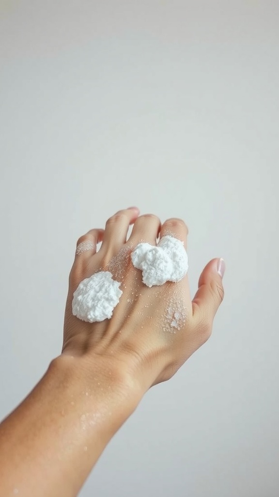 A hand with white exfoliating cream on it, showcasing an exfoliation product.