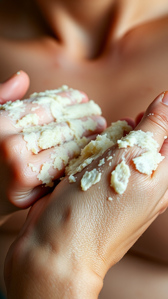 Hands applying a scrub for exfoliation.