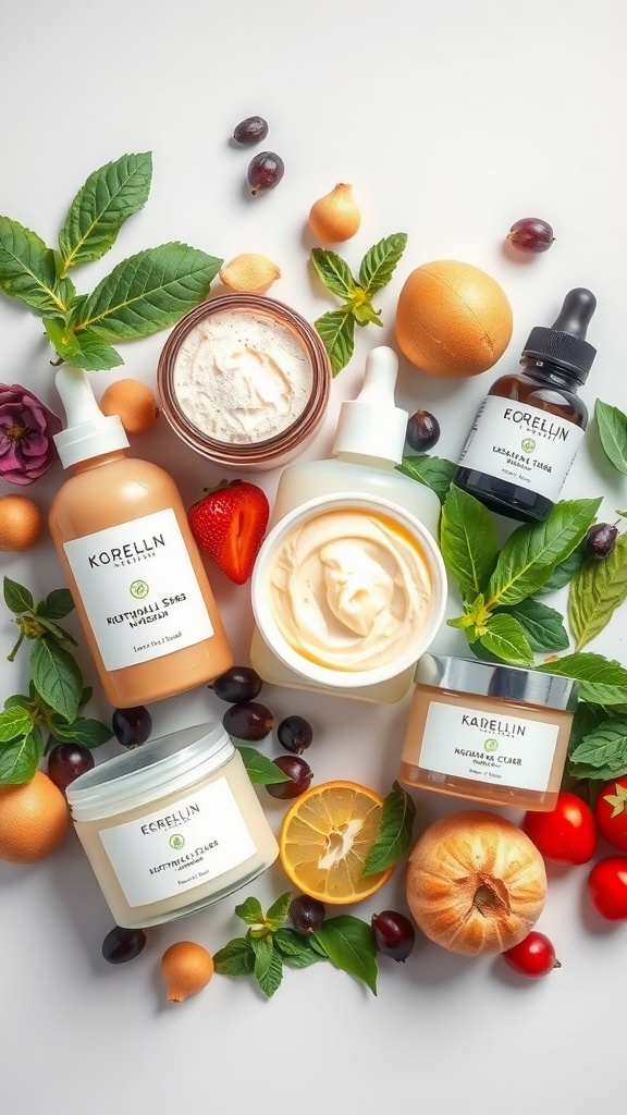 A variety of skincare products including creams and oils, surrounded by fresh ingredients like fruits and leaves.