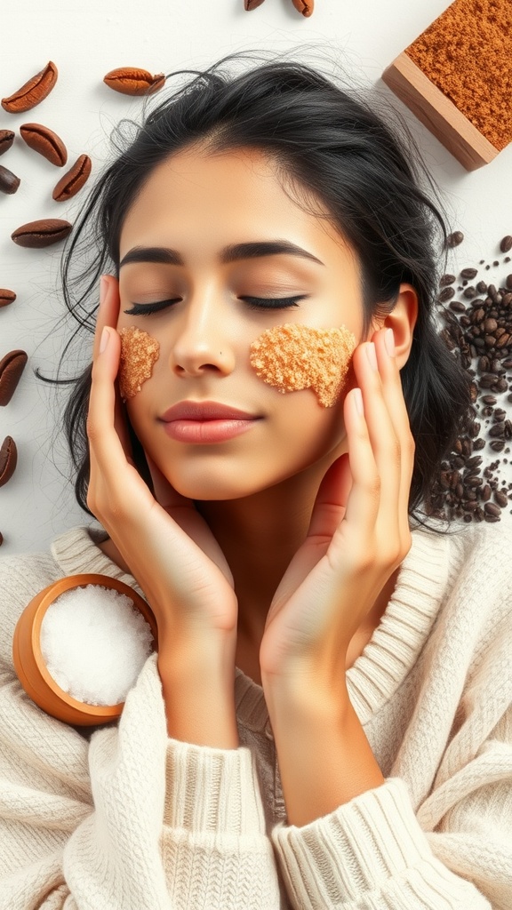 A person applying a natural exfoliant made with coffee and sugar on their face, surrounded by coffee beans and sugar.