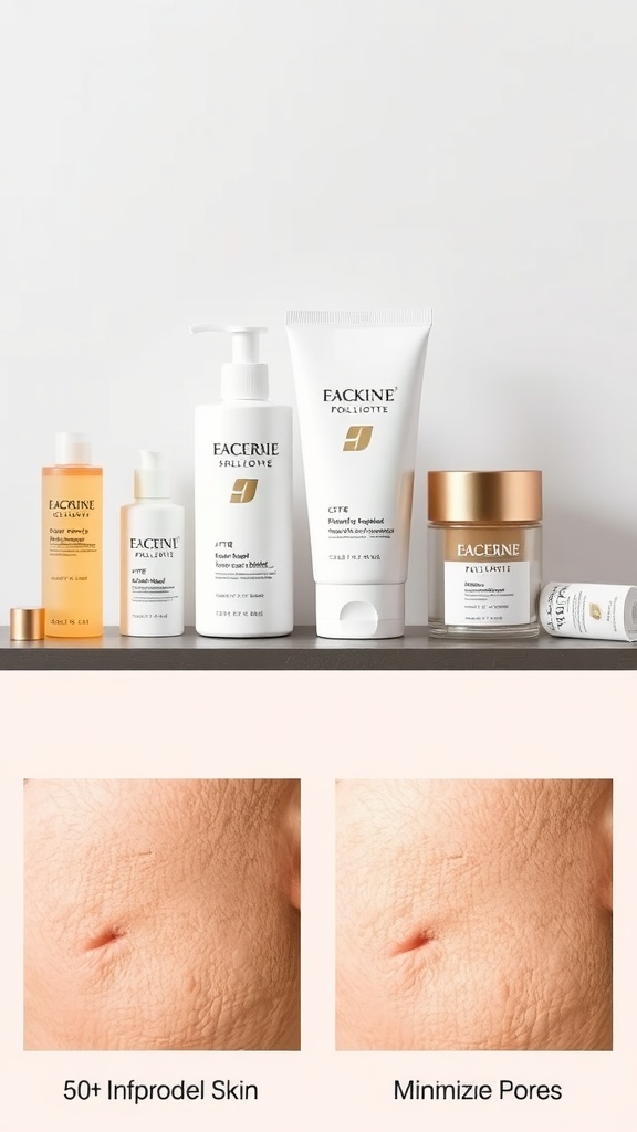 Skincare products and before-and-after images showing aging skin and minimized pores.