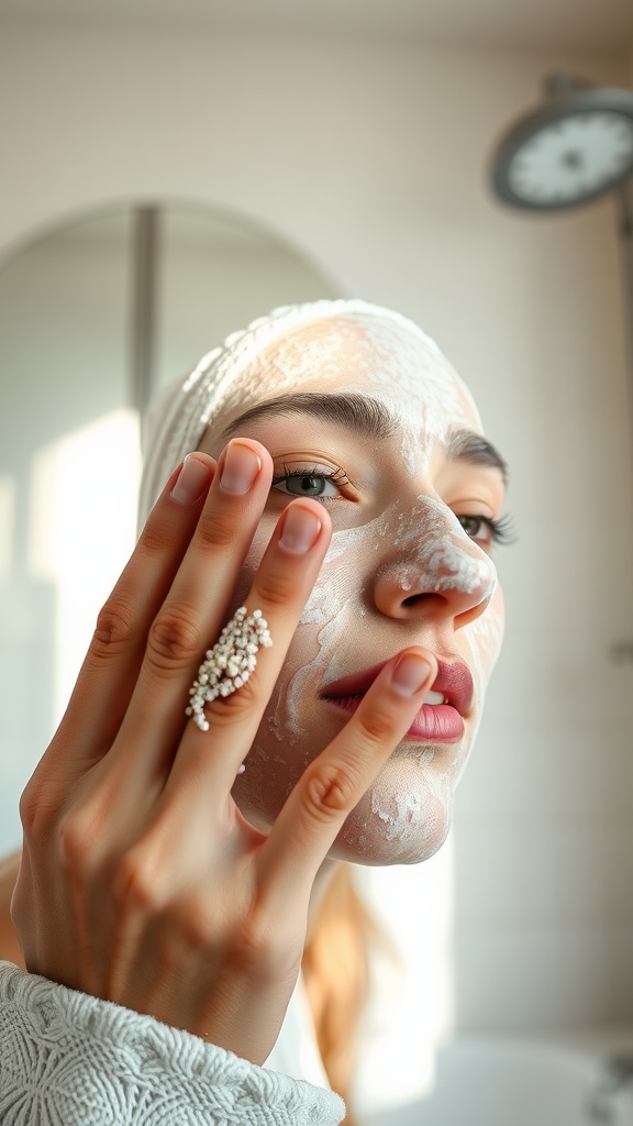 A person applying a facial mask to their face, showing their hand with a decorative ring, in a bright bathroom setting.