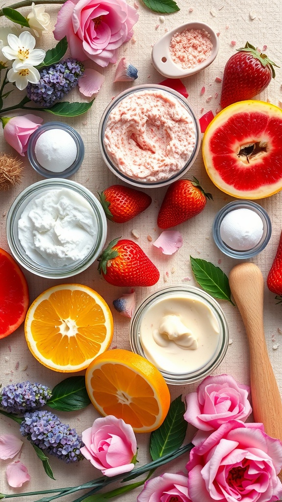 An array of colorful skincare ingredients, including strawberries, oranges, and flowers, showcasing natural exfoliation products.