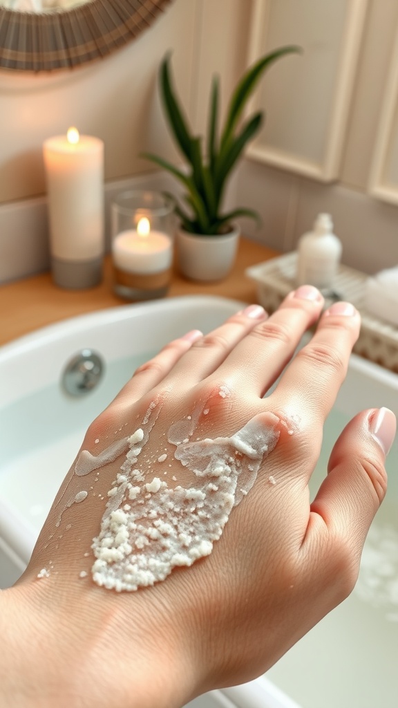 A hand with an exfoliating cream applied, set in a relaxing bathroom environment