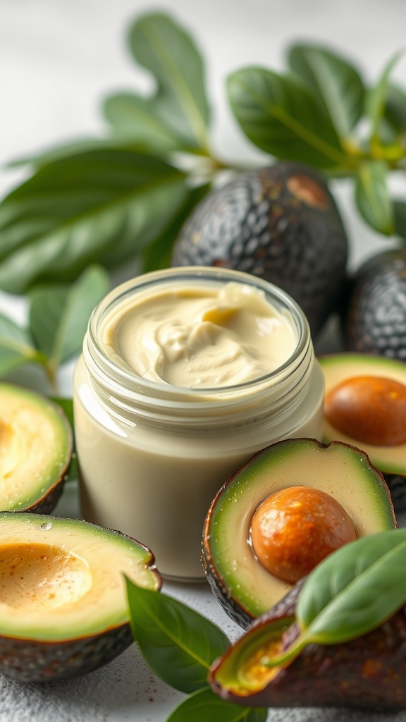 A jar of creamy avocado face cream surrounded by halved avocados and green leaves.
