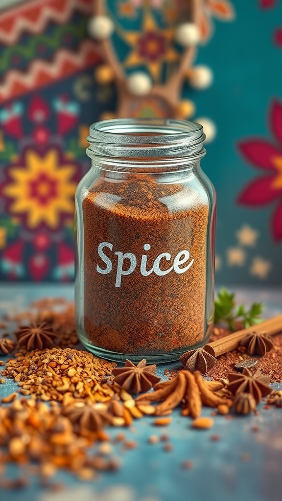 A jar of exotic Moroccan spice blend with various spices scattered around.