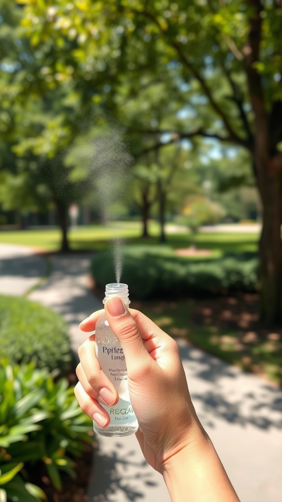 A person holding a facial mist spray bottle outdoors, with a blurred green background.