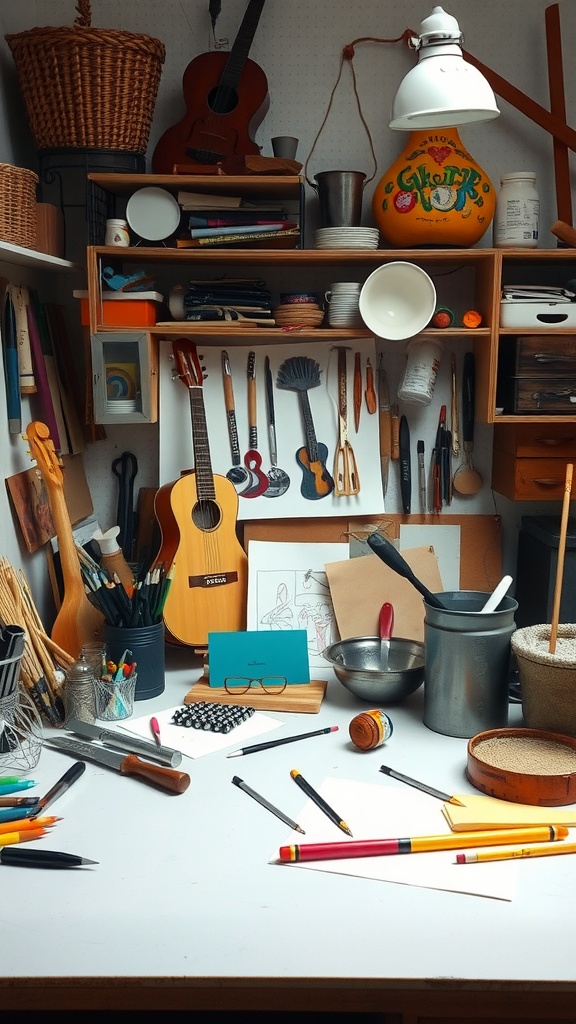 A creative workspace filled with art supplies, musical instruments, and everyday tools.