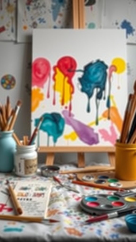 A colorful art setup with a canvas and various art supplies, showcasing the joy of creativity.