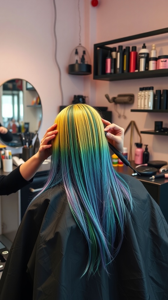 A stylist coloring hair in vibrant yellow, green, and blue hues in a salon.