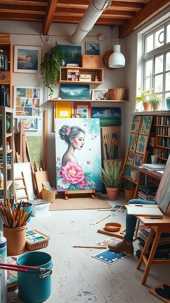 A cozy art studio filled with colorful paintings and artistic supplies, showcasing creativity and inspiration.