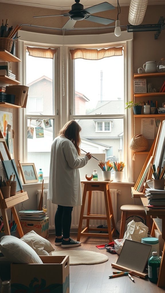 A person painting in a cozy room filled with art supplies and natural light.